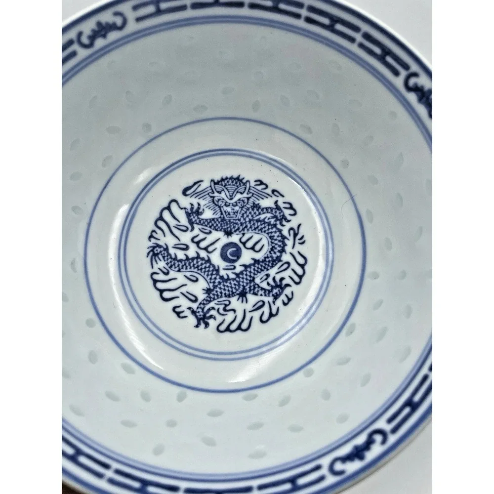 Lot of 2 Vintage Chinese Blue and White Rice‎ Grain Bowls with Dragon 6